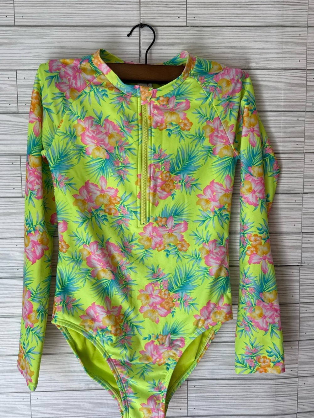 Cat & Jack Neon Yellow Floral Long-Sleeve Rashguard One-Piece